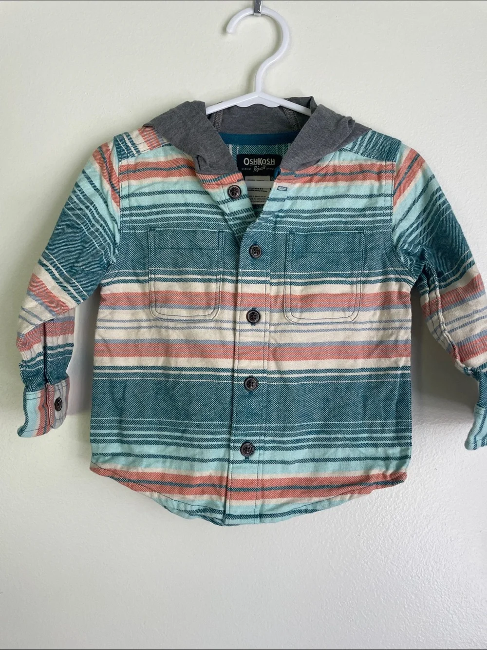 OshKosh B'gosh Striped Hooded Button-Down Shirt - Teal, Coral & Gray